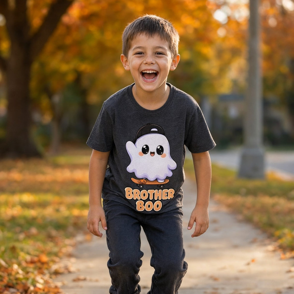 Child wearing the Brother Boo Skateboard Ghost Kids Halloween T-Shirt