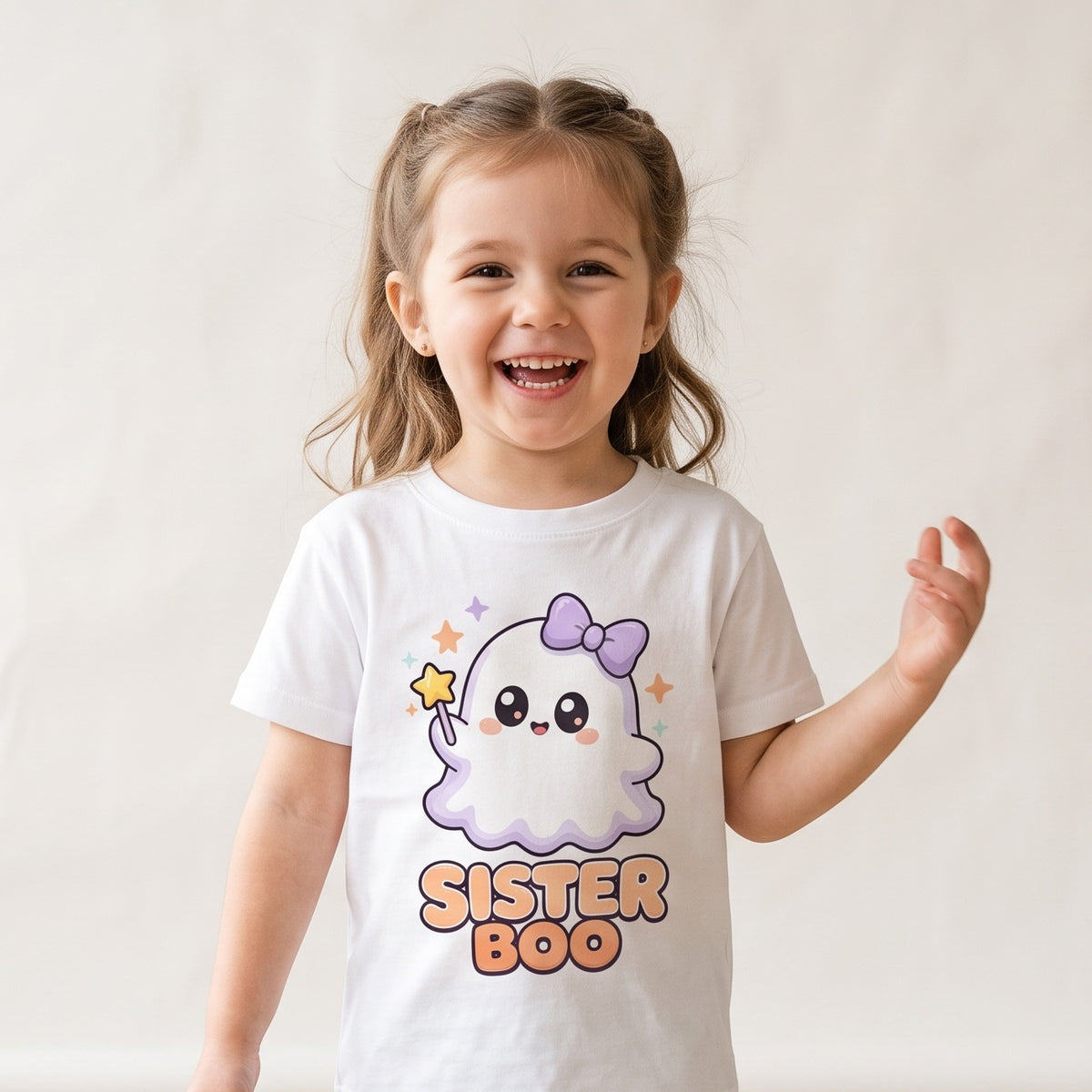 Child wearing the Sister Boo Cute Ghost Kids Halloween T-Shirt