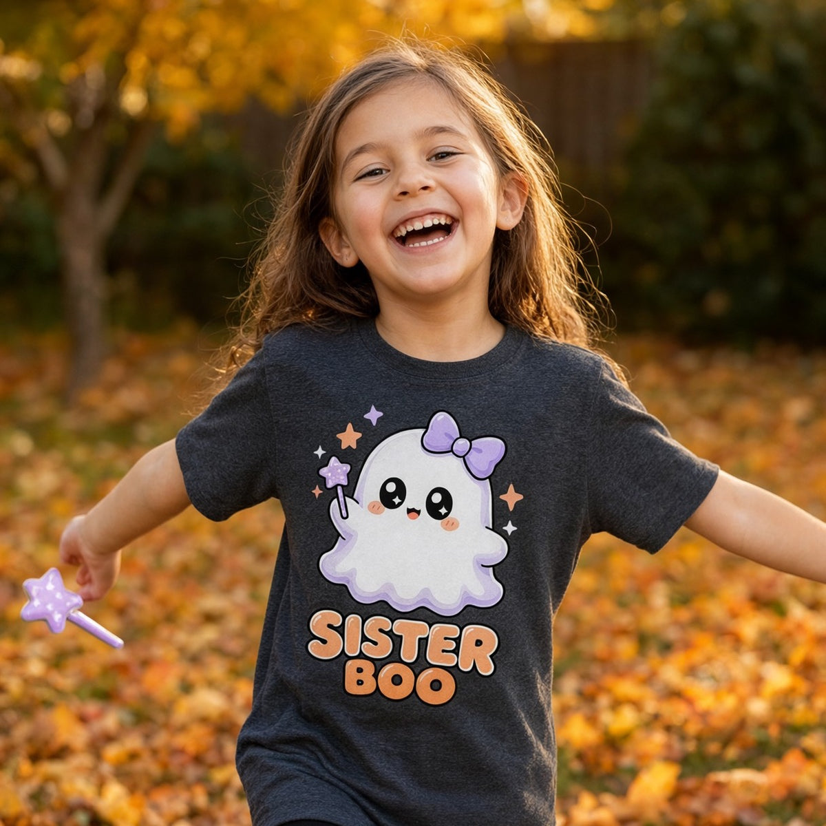 Child wearing the Sister Boo Cute Ghost Kids Halloween T-Shirt