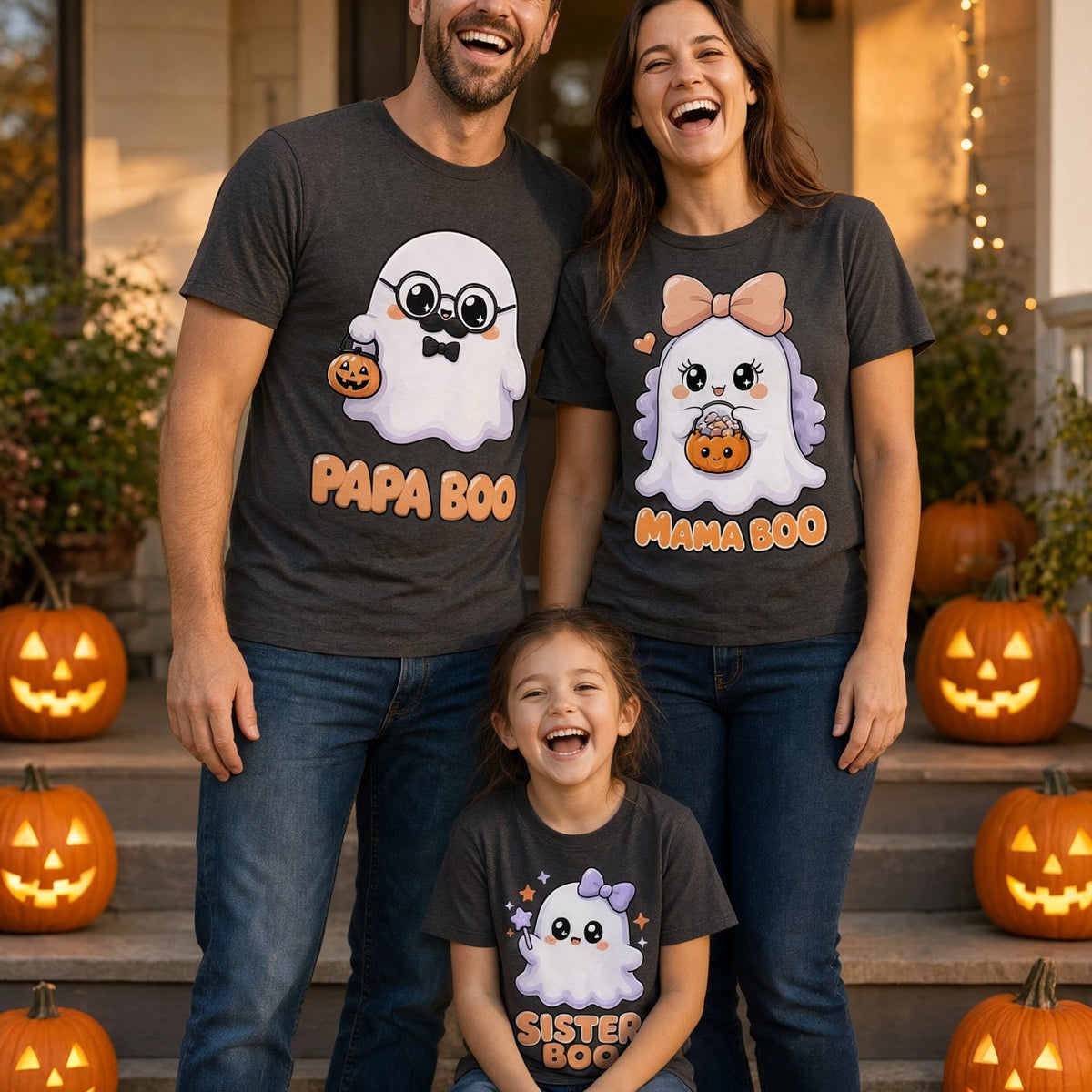 Family wearing matching Boo ghost Halloween T-shirts, including the Sister Boo Cute Ghost Kids Halloween T-Shirt