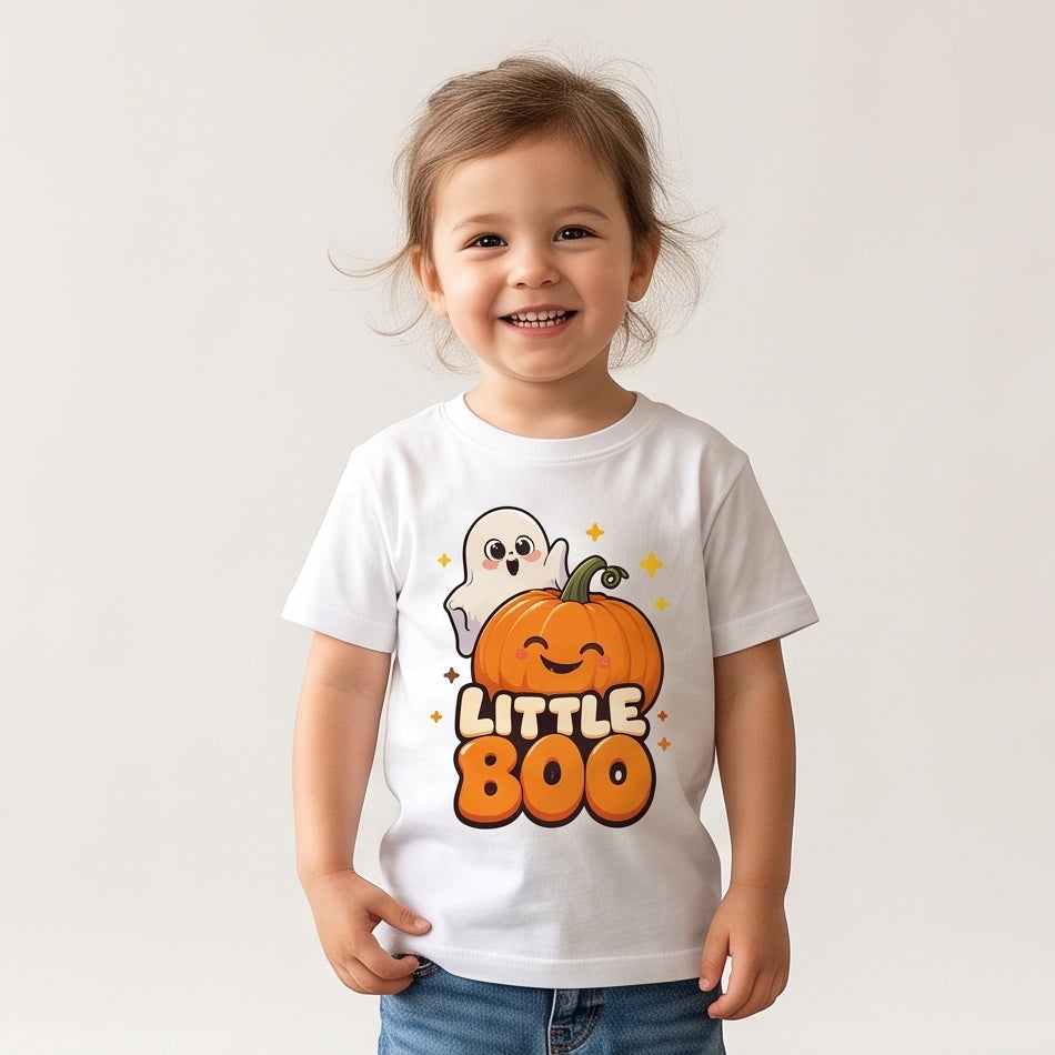 Child wearing the Little Boo Ghost and Pumpkin Kids Halloween T-Shirt