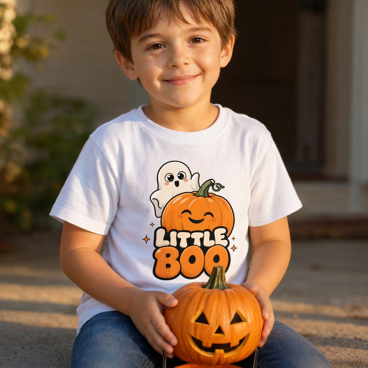 Child wearing the Little Boo Ghost and Pumpkin Kids Halloween T-Shirt