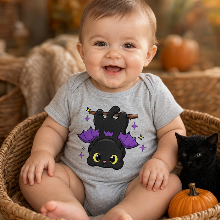Baby wearing the Baby Bat Black Cat Baby Halloween Bodysuit