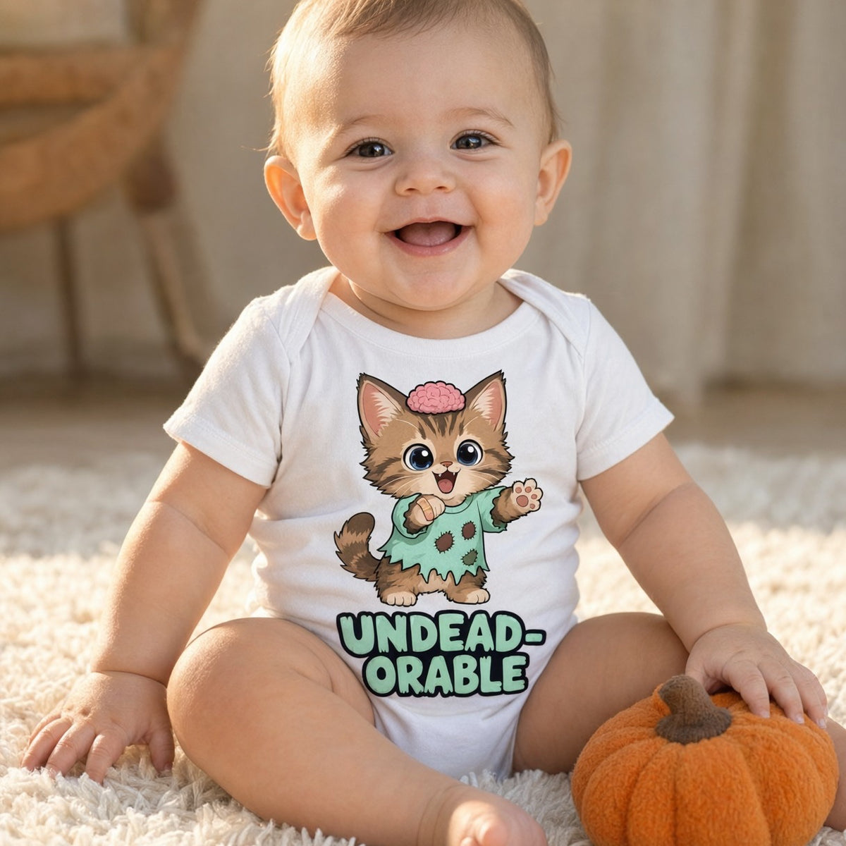 Baby wearing the Undead-orable Zombie Kitten Baby Halloween Bodysuit