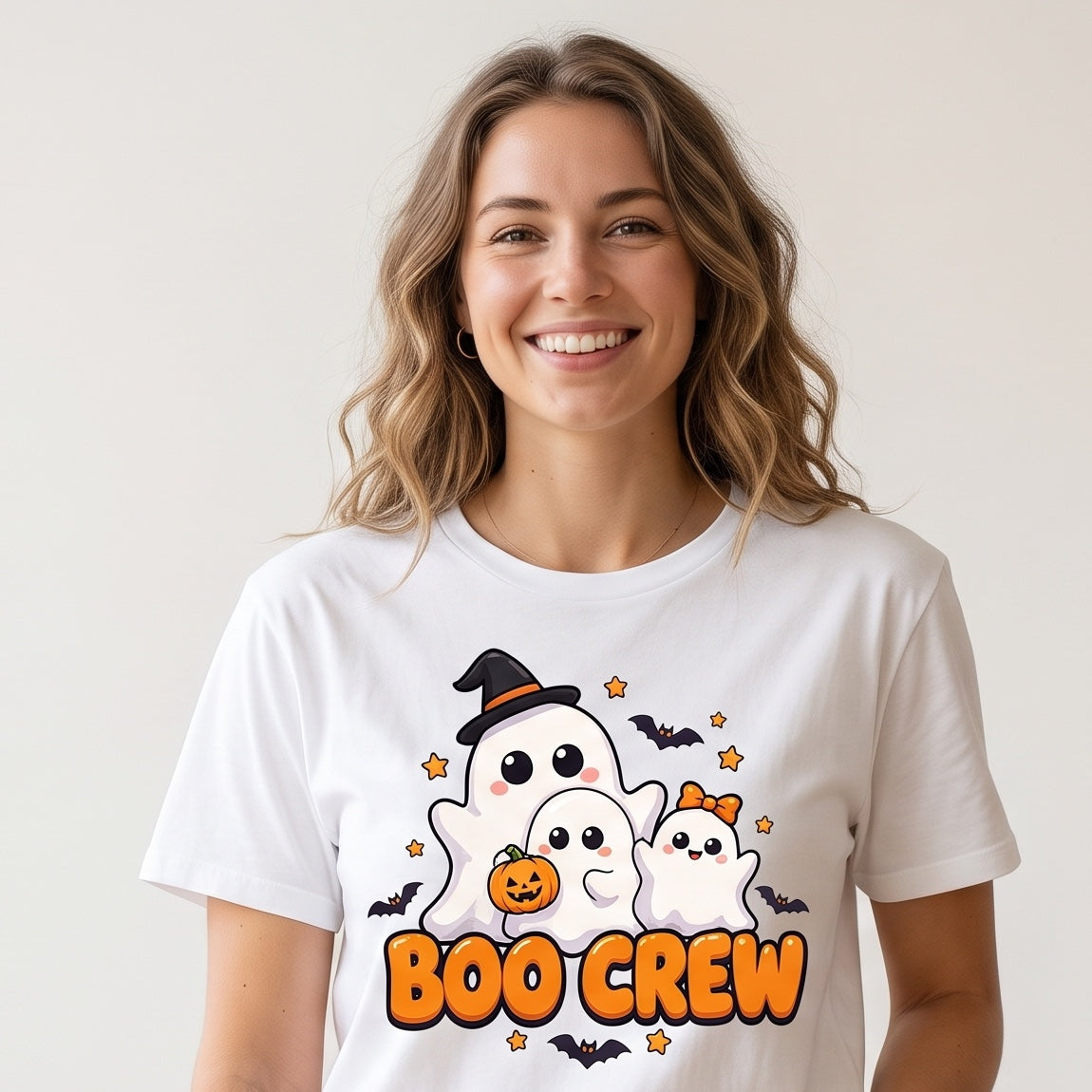 Model wearing the Boo Crew Cute Ghost Halloween T-Shirt for Adults