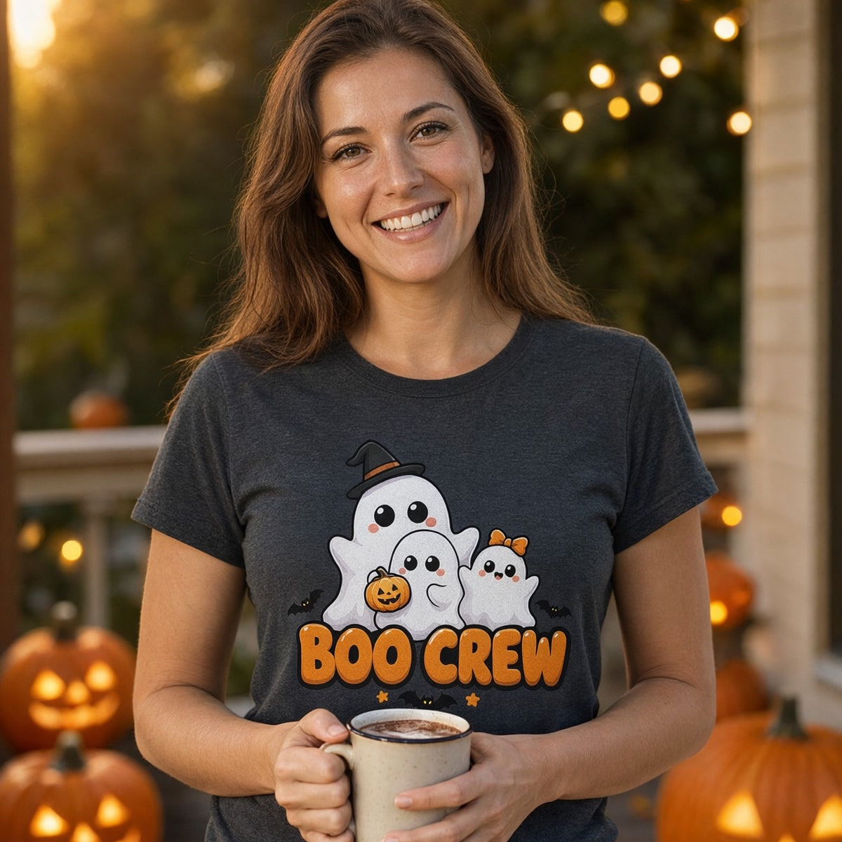 Model wearing the Boo Crew Cute Ghost Halloween T-Shirt for Adults