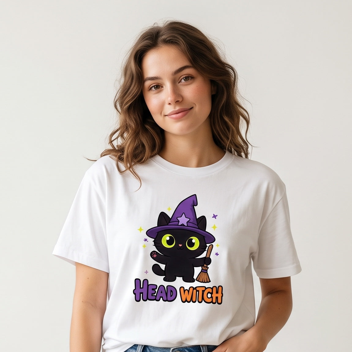 Model wearing the Head Witch Black Cat Halloween T-Shirt for Adults