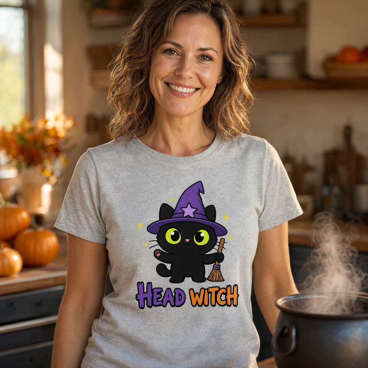 Model wearing the Head Witch Black Cat Halloween T-Shirt for Adults