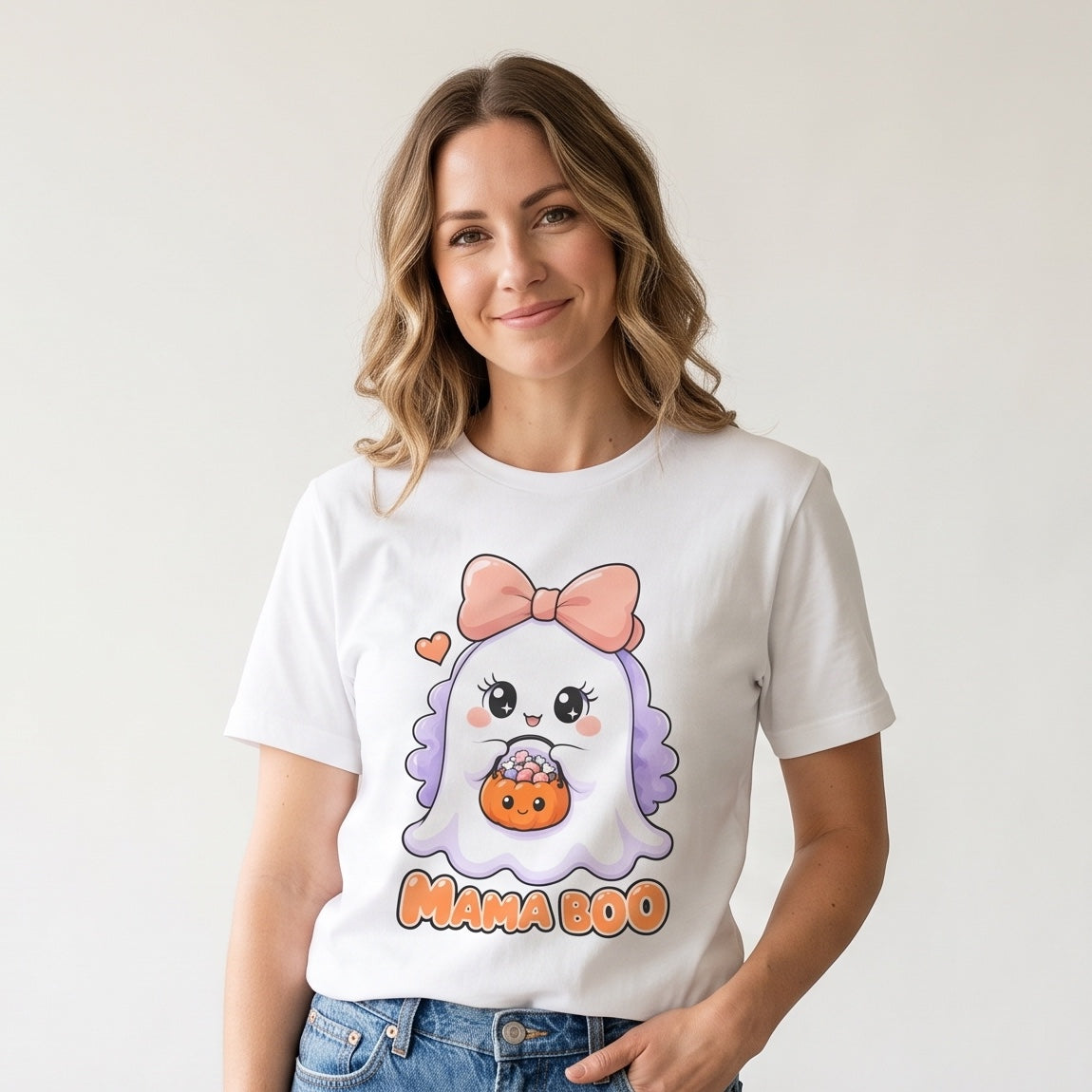 Model wearing the Mama Boo Cute Ghost Mom Halloween T-Shirt for Adults
