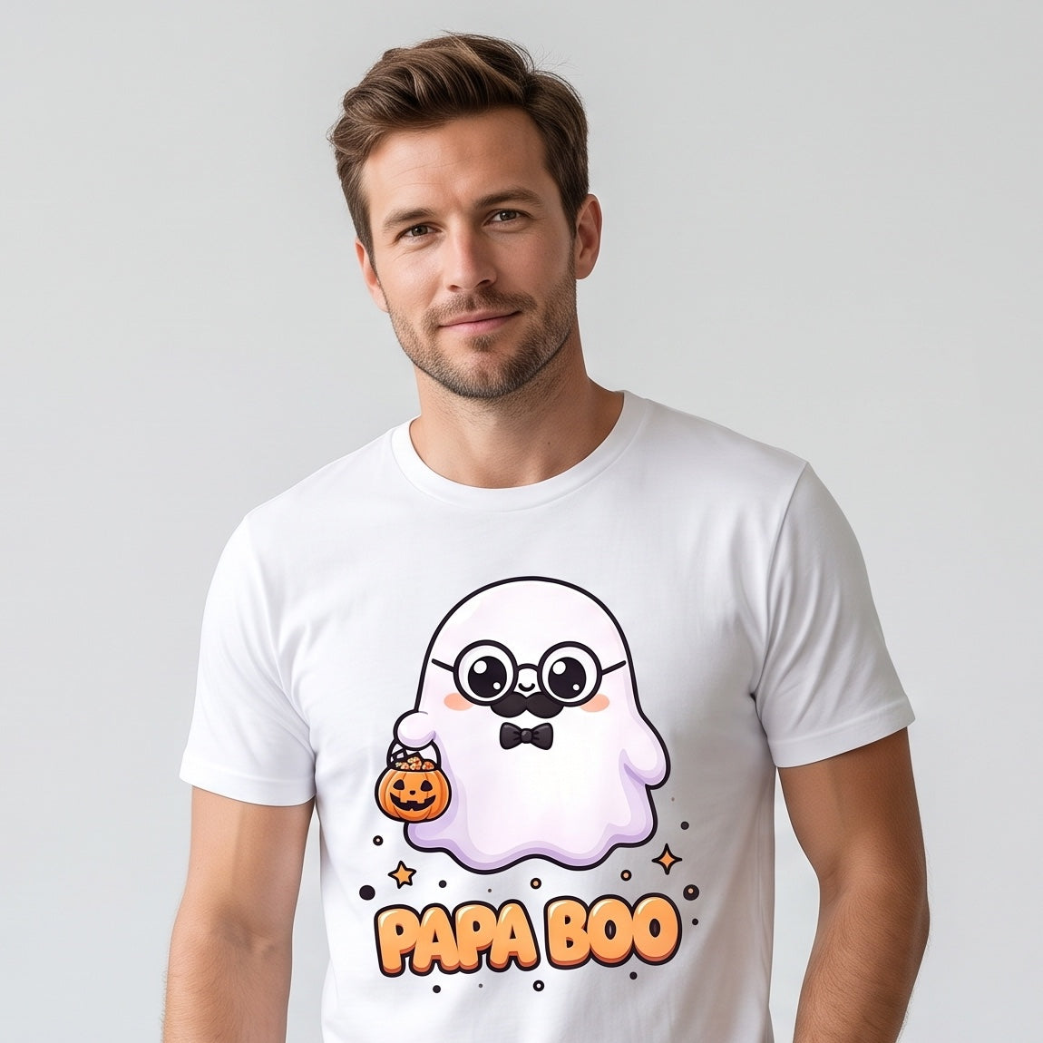 Model wearing the Papa Boo Cute Ghost Dad Halloween T-Shirt for Adults
