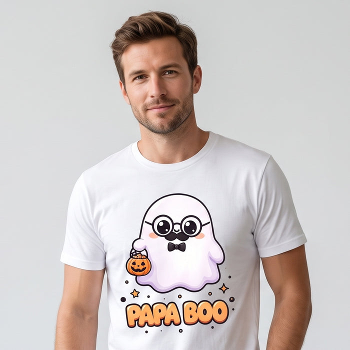 Model wearing the Papa Boo Cute Ghost Dad Halloween T-Shirt for Adults