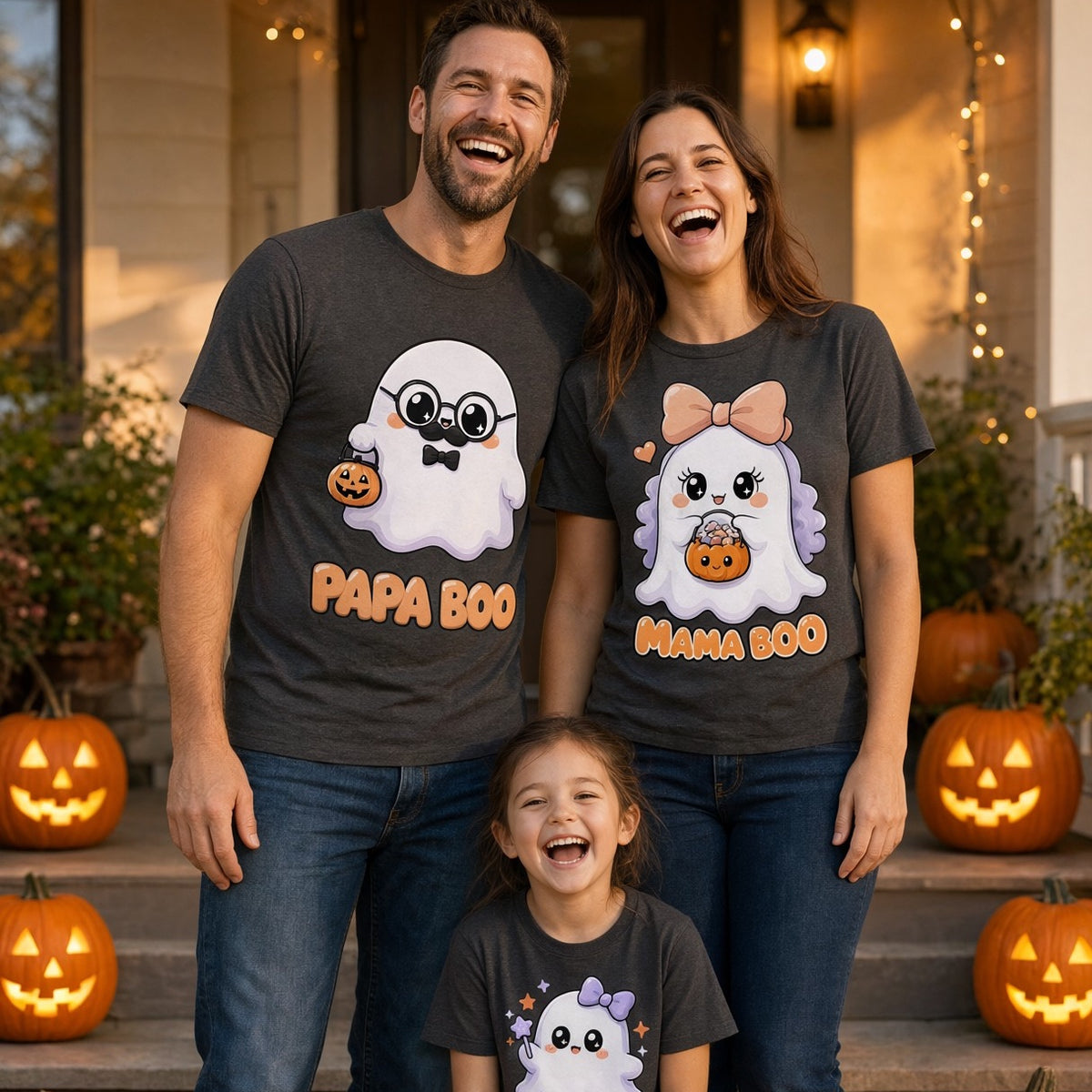 Family wearing matching Boo ghost Halloween T-shirts, including the Papa Boo Cute Ghost Dad Halloween T-Shirt for Adults