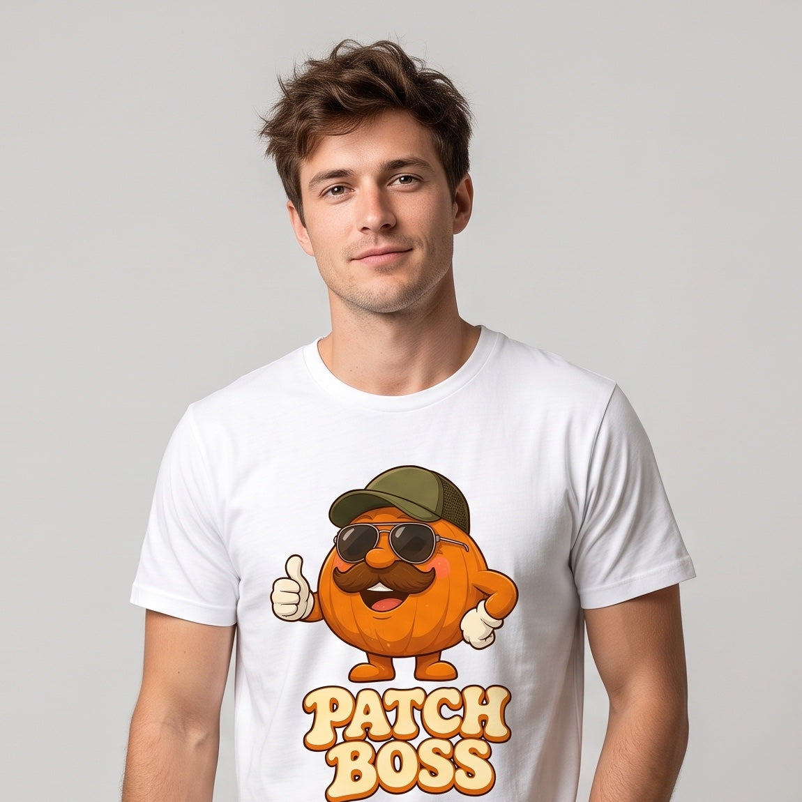 Model wearing the Patch Boss Funny Pumpkin Dad Halloween T-Shirt for Adults