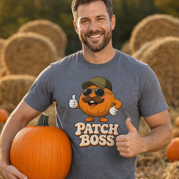 Model wearing the Patch Boss Funny Pumpkin Dad Halloween T-Shirt for Adults