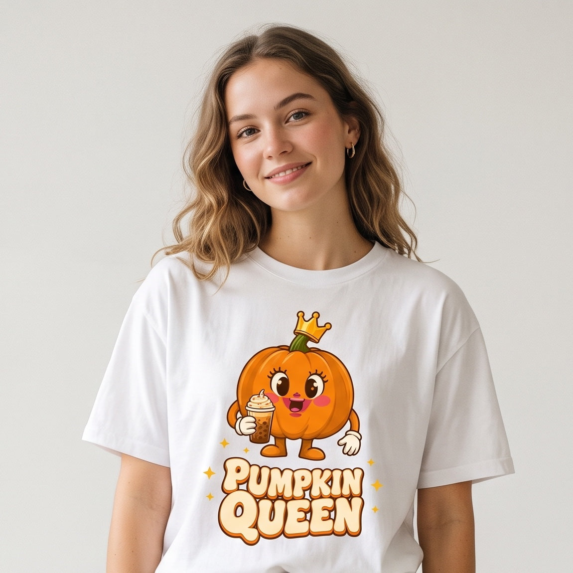 Model wearing the Pumpkin Queen Pumpkin Spice Halloween T-Shirt for Adults