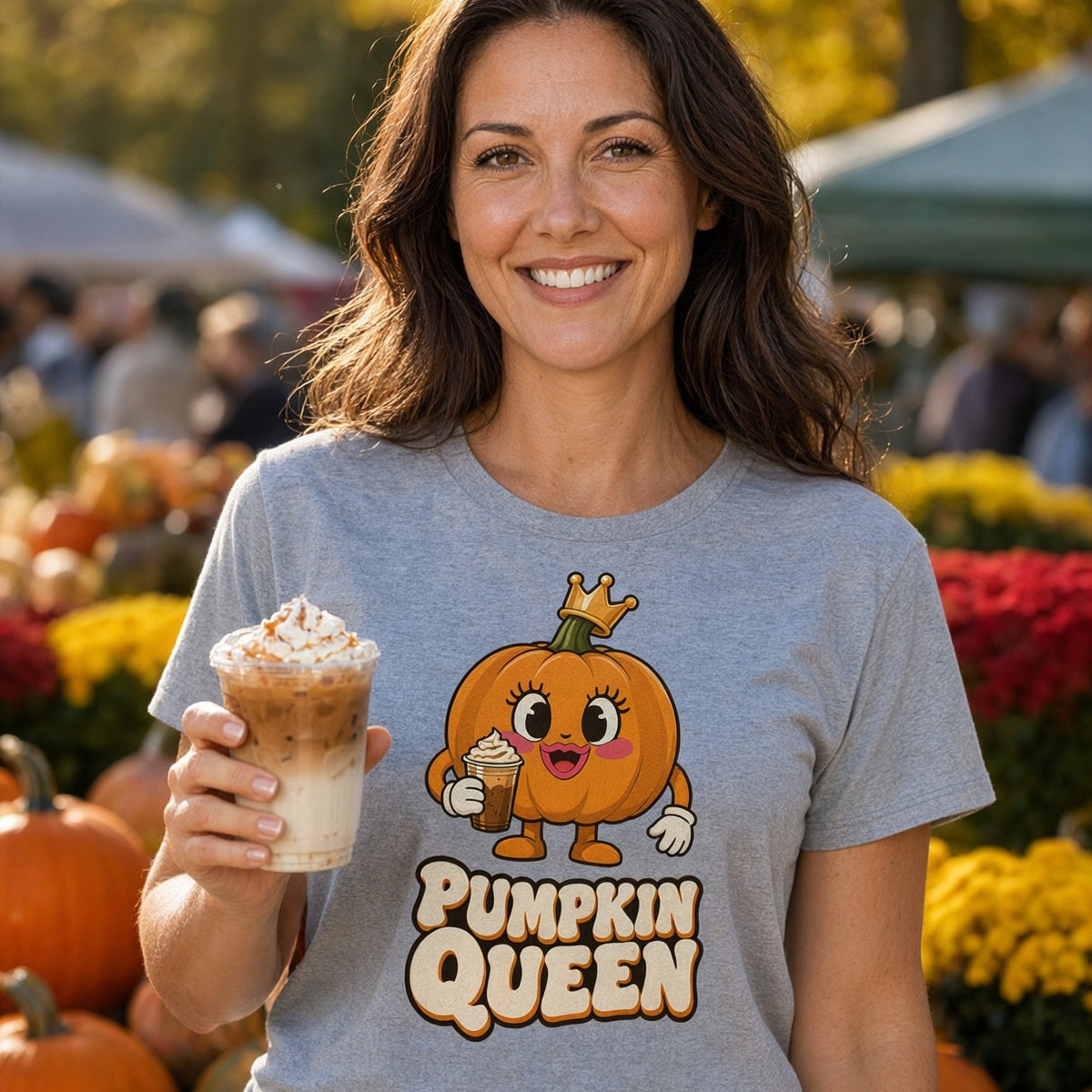 Model wearing the Pumpkin Queen Pumpkin Spice Halloween T-Shirt for Adults
