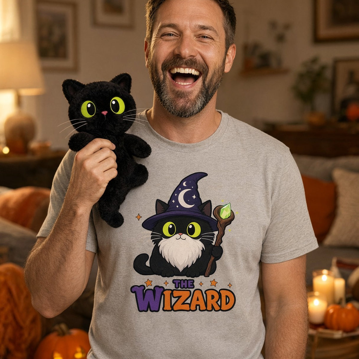 Model wearing the The Wizard Black Cat Halloween T-Shirt for Adults