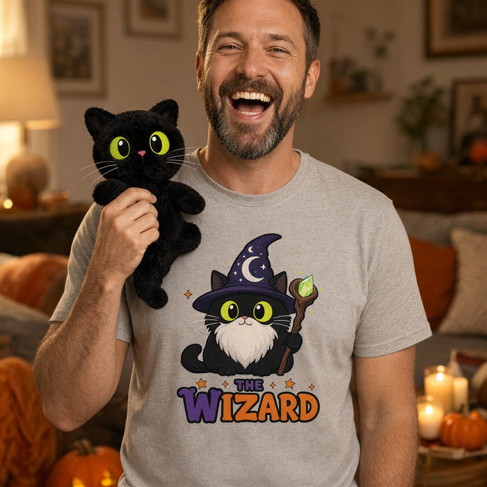 Model wearing the The Wizard Black Cat Halloween T-Shirt for Adults
