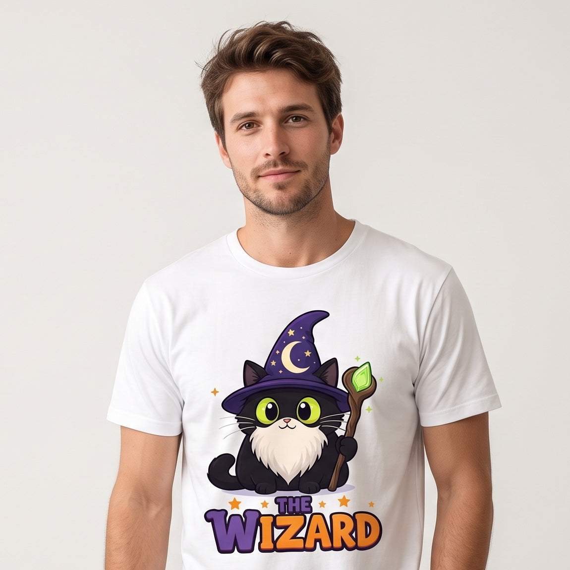 Model wearing the The Wizard Black Cat Halloween T-Shirt for Adults