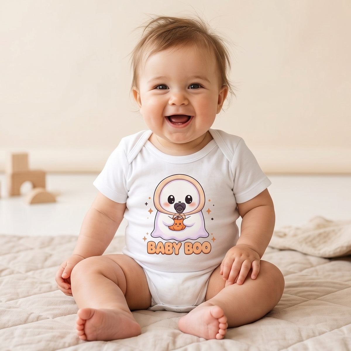 Baby wearing the Baby Boo Cute Ghost Baby Halloween Bodysuit