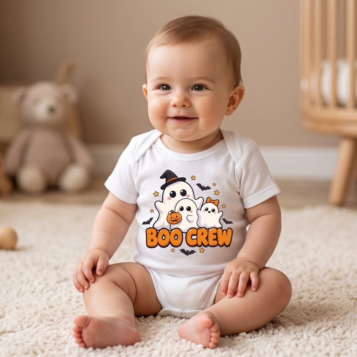 Baby wearing the Boo Crew Cute Ghost Baby Halloween Bodysuit