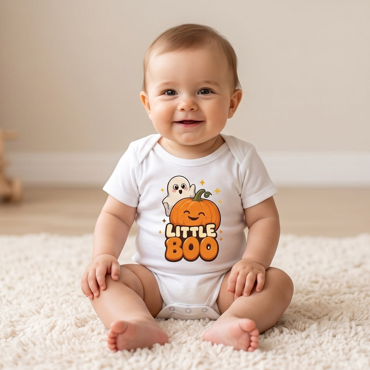 Baby wearing the Little Boo Ghost and Pumpkin Baby Halloween Bodysuit