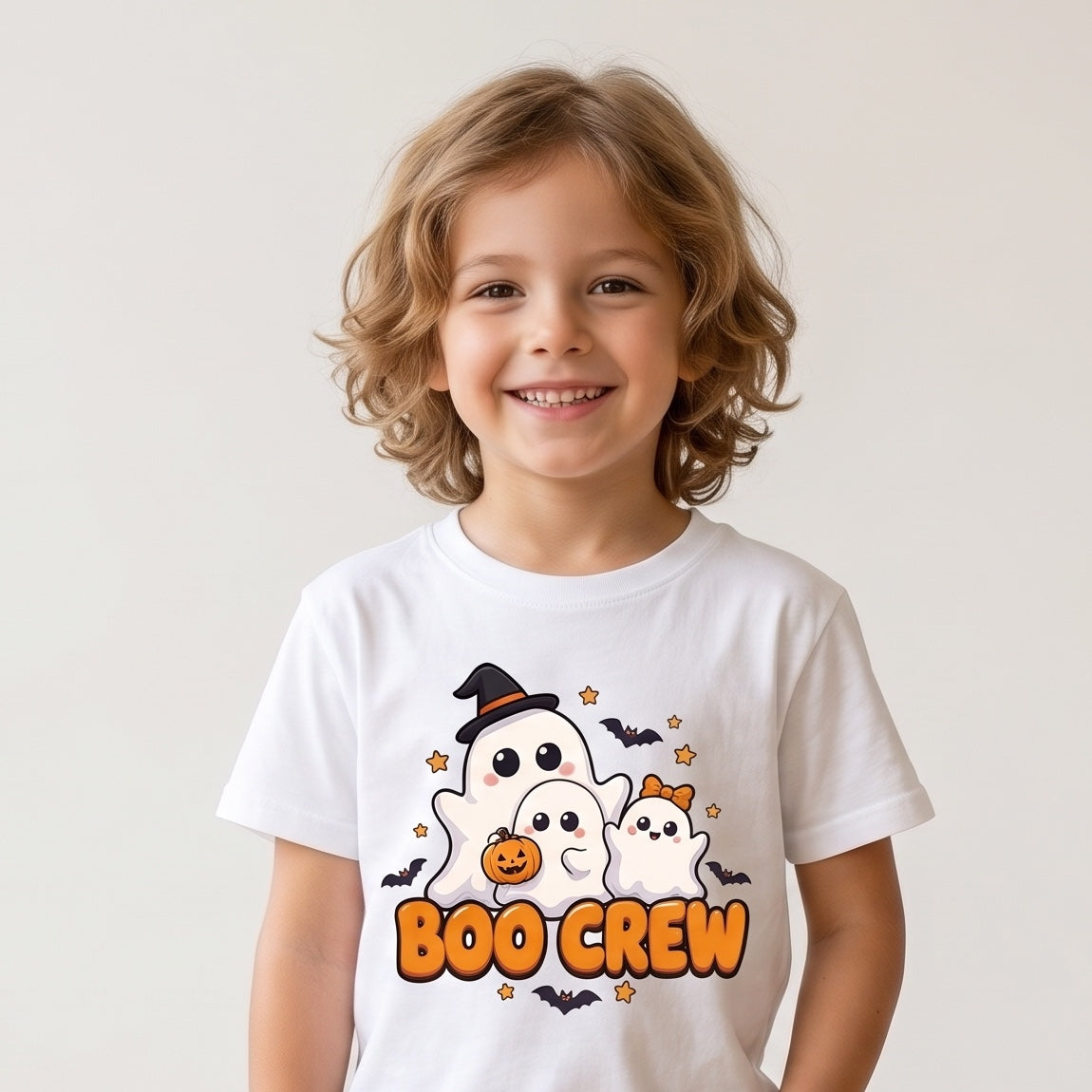 Child wearing the Boo Crew Cute Ghost Kids Halloween T-Shirt