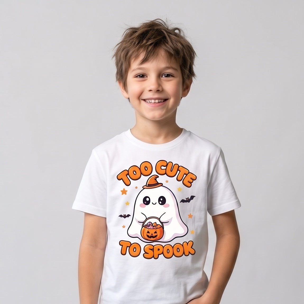Child wearing the Too Cute to Spook Ghost Kids Halloween T-Shirt