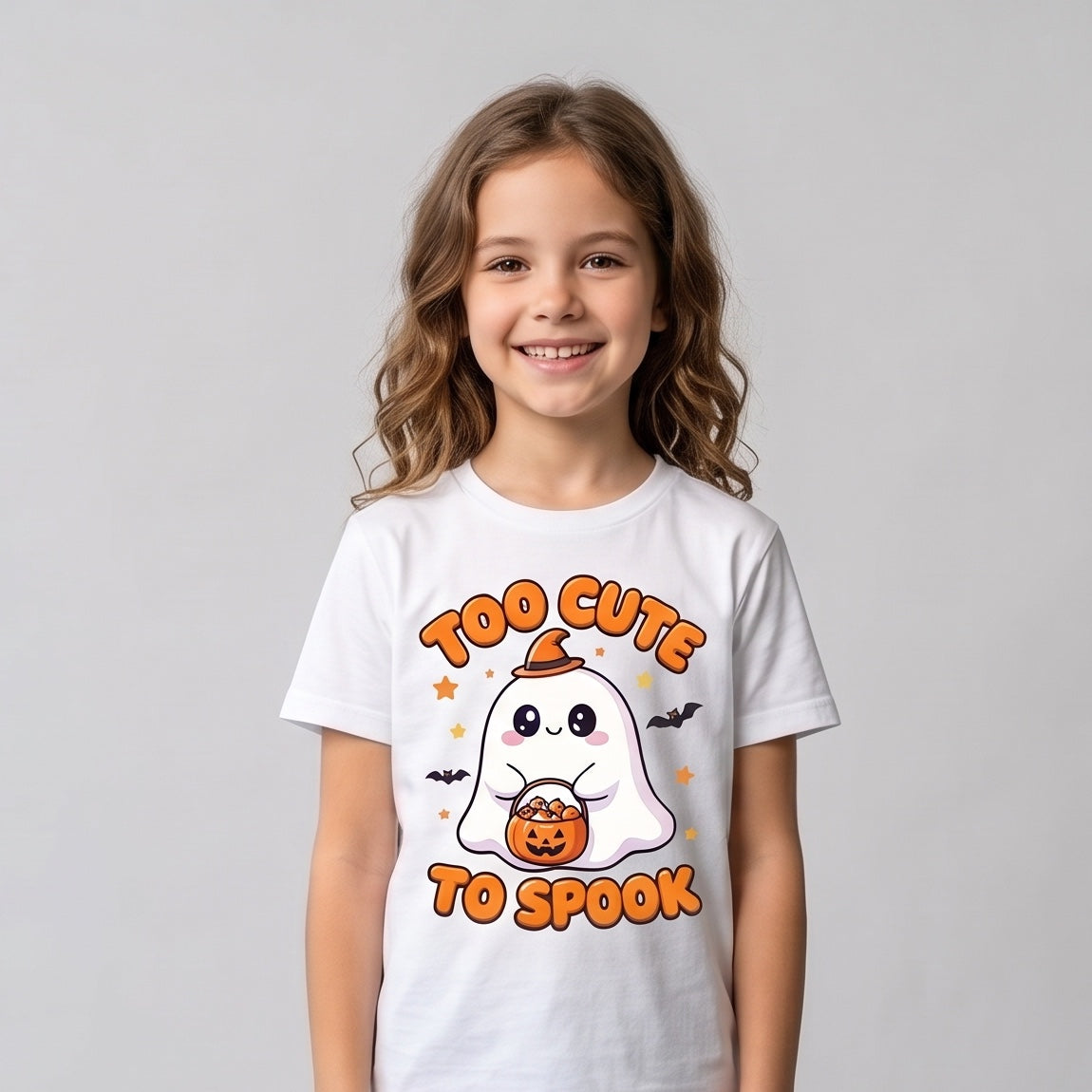 Child wearing the Too Cute to Spook Ghost Kids Halloween T-Shirt