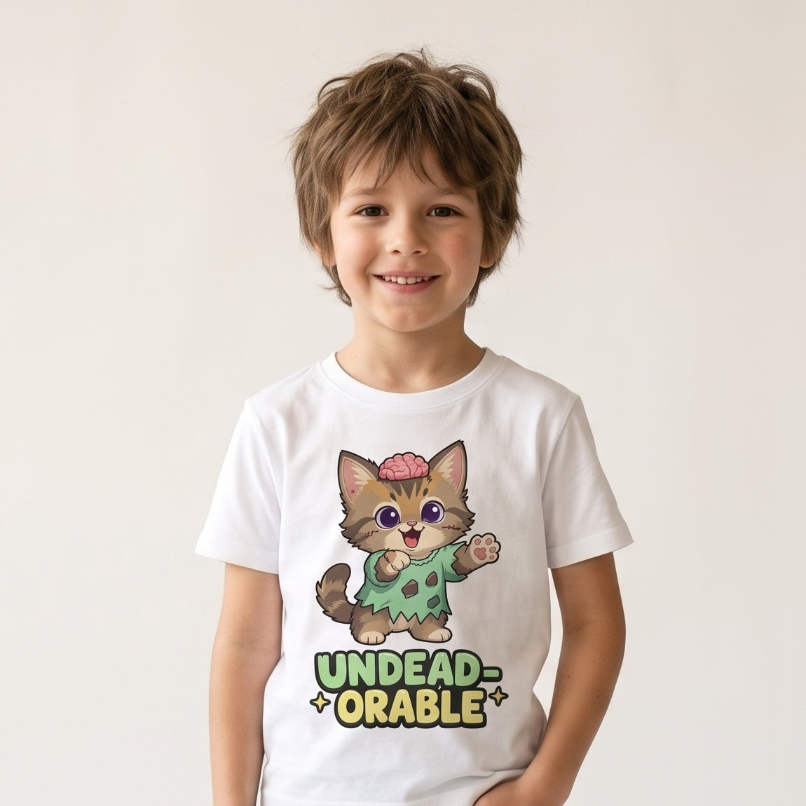 Child wearing the Undead-orable Zombie Kitten Kids Halloween T-Shirt