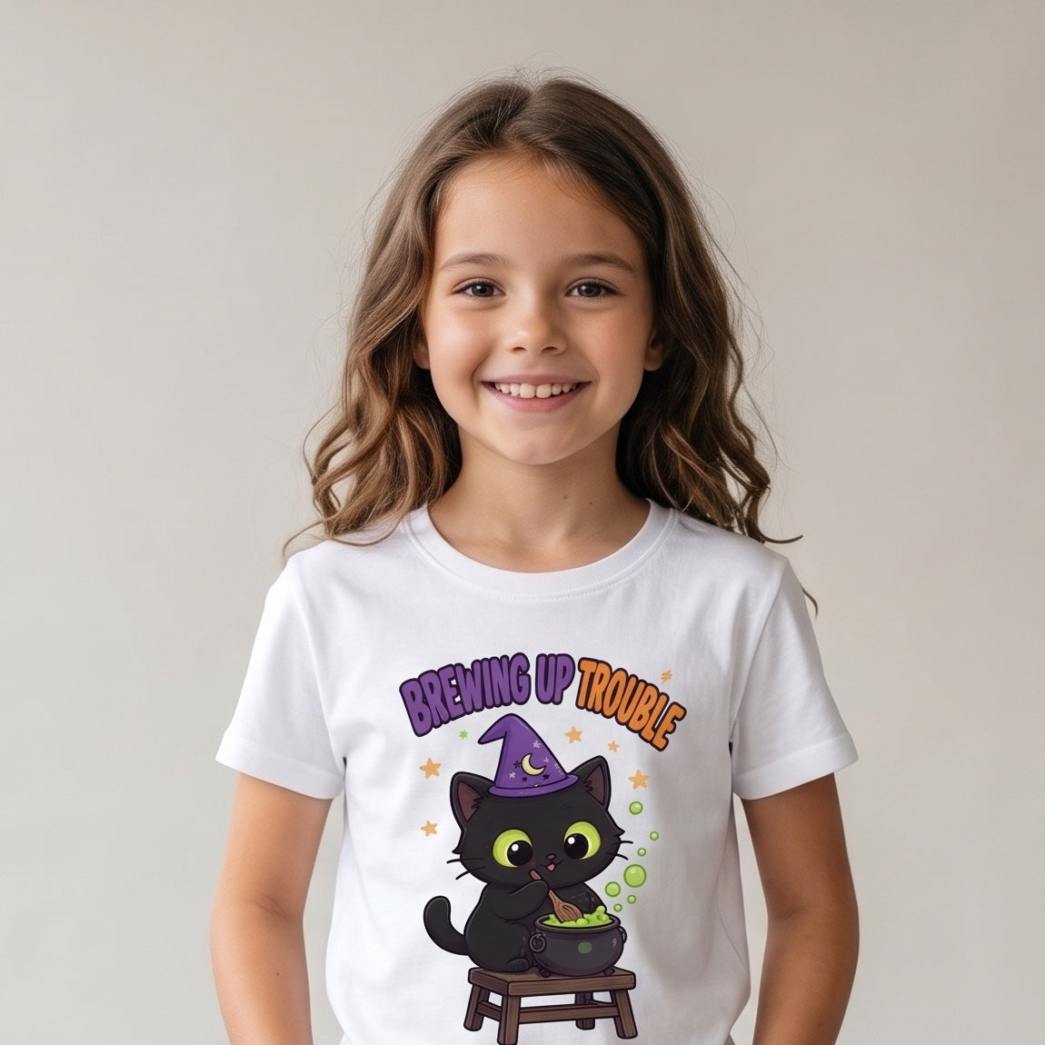 Child wearing the Brewing Up Trouble Black Cat Kids Halloween T-Shirt