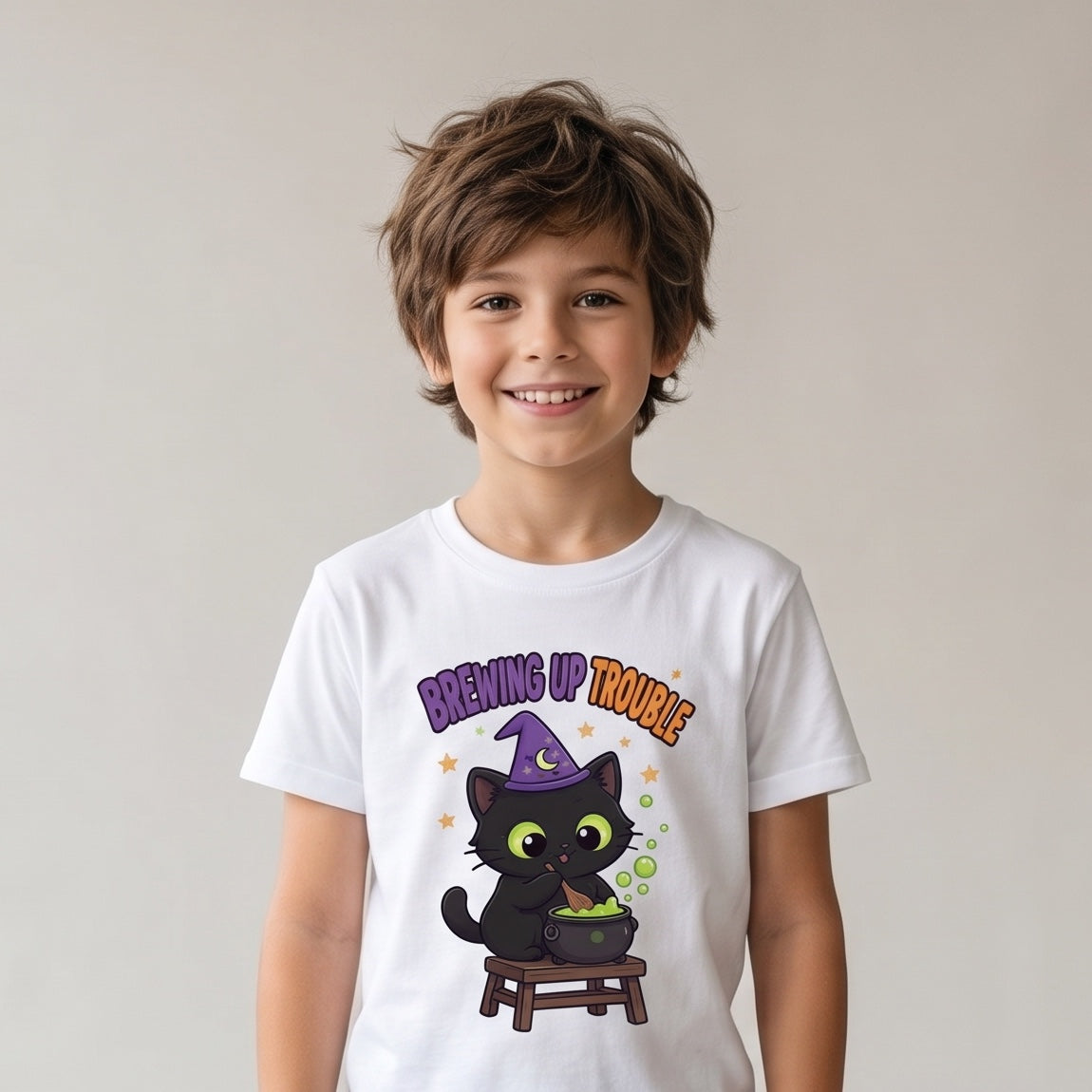 Child wearing the Brewing Up Trouble Black Cat Kids Halloween T-Shirt