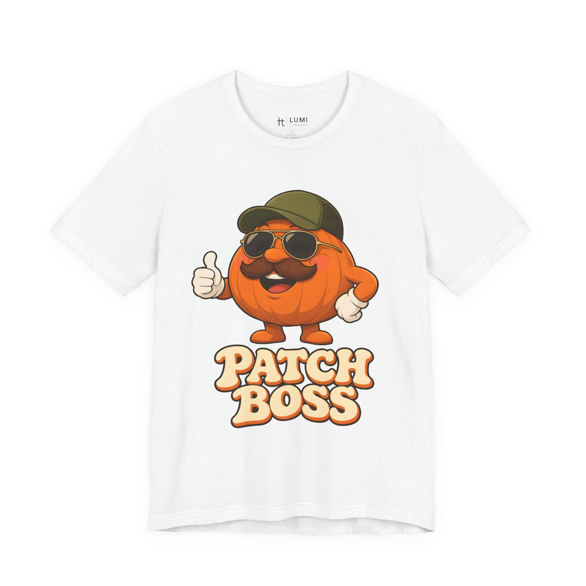 Patch Boss Funny Pumpkin Dad Halloween T-Shirt for Adults in White, front