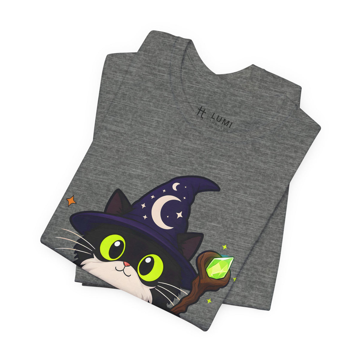 The Wizard Black Cat Halloween T-Shirt for Adults in Deep Heather, folded