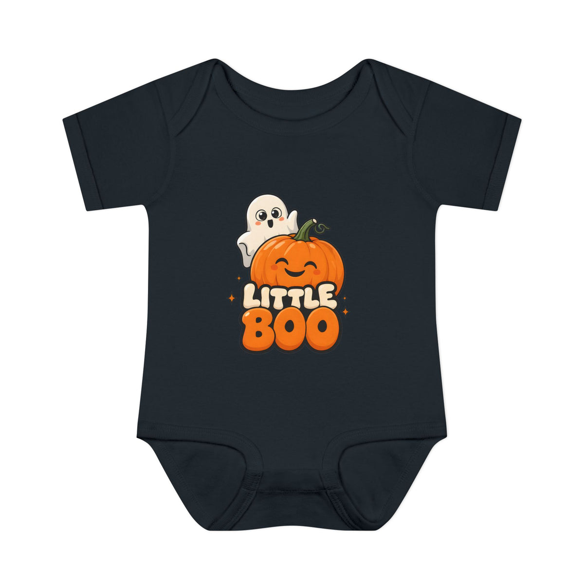 Little Boo Ghost and Pumpkin Baby Halloween Bodysuit in Black, front