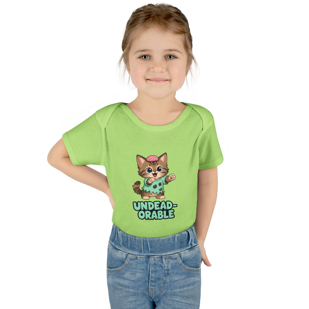 Toddler wearing the Undead-orable Zombie Kitten Baby Halloween Bodysuit in Key Lime