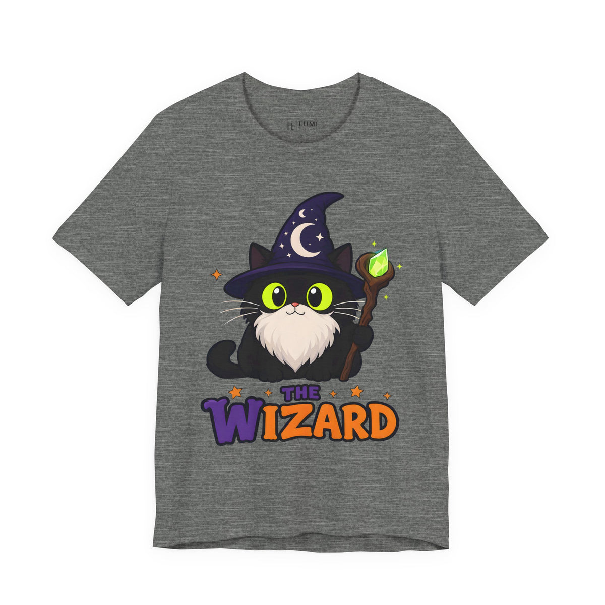 The Wizard Black Cat Halloween T-Shirt for Adults in Deep Heather, front