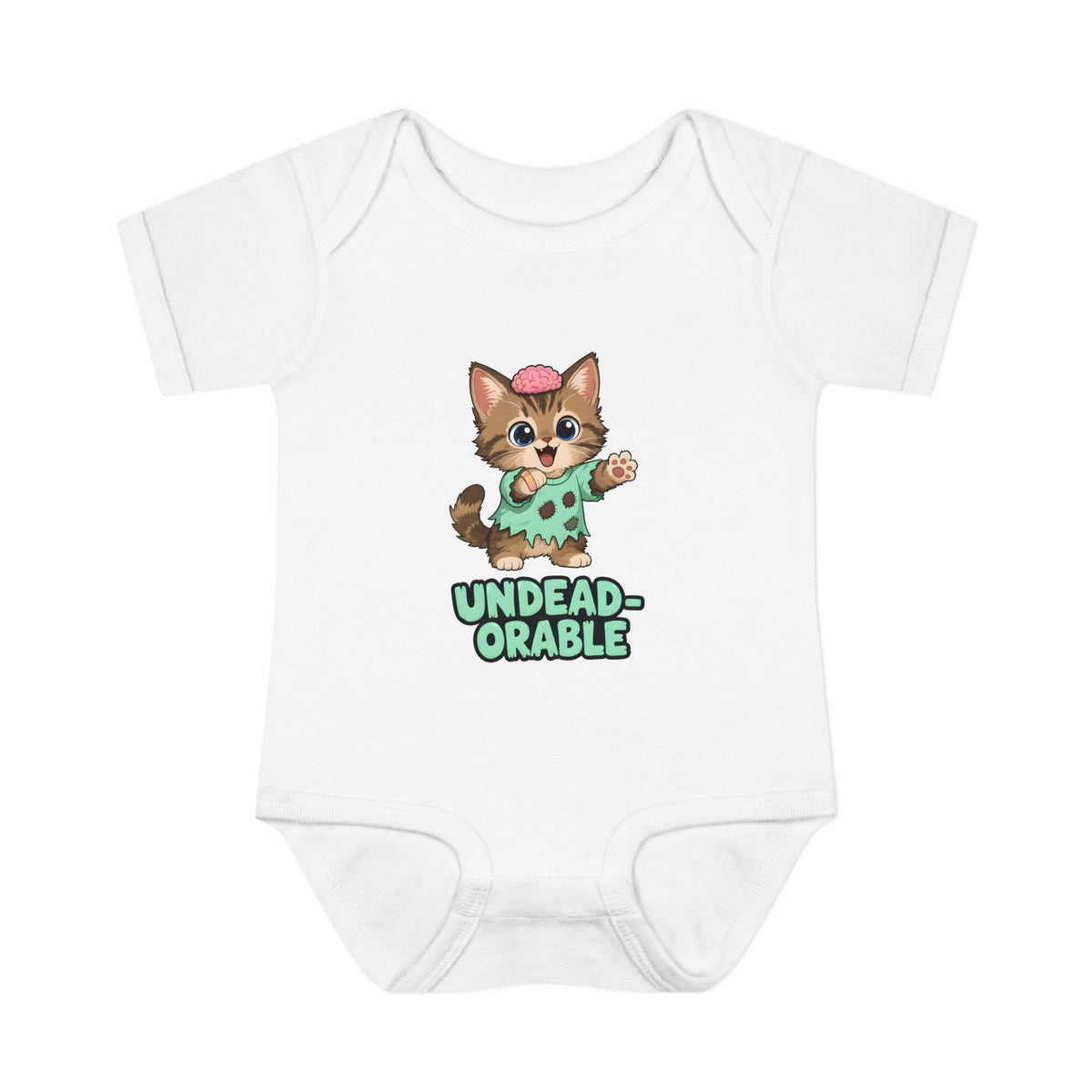 Undead-orable Zombie Kitten Baby Halloween Bodysuit in White, front