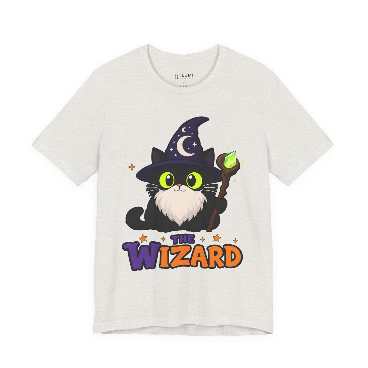The Wizard Black Cat Halloween T-Shirt for Adults in Heather Cement, front