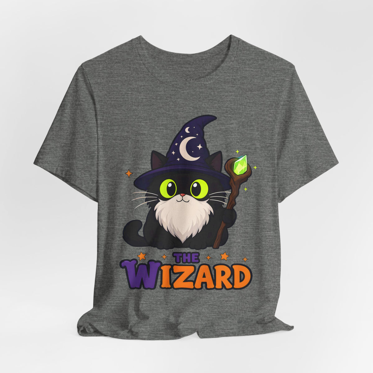 The Wizard Black Cat Halloween T-Shirt for Adults in Deep Heather, front