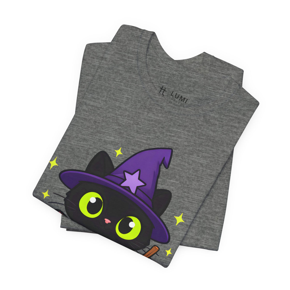 Head Witch Black Cat Halloween T-Shirt for Adults in Deep Heather, folded
