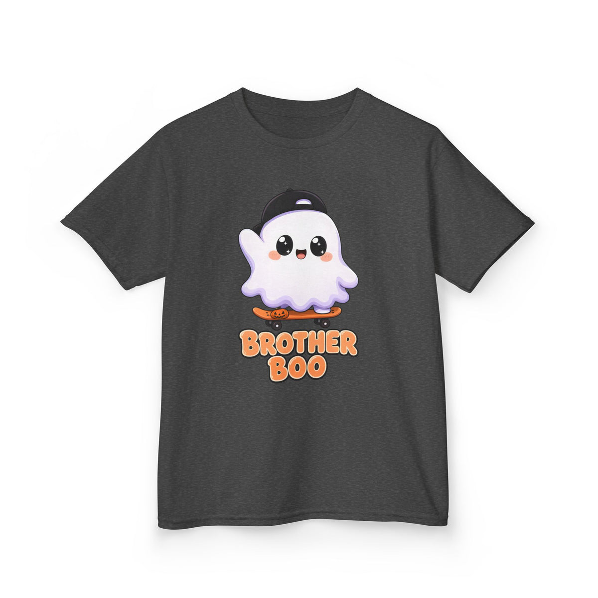 Brother Boo Skateboard Ghost Kids Halloween T-Shirt in Dark Heather, front