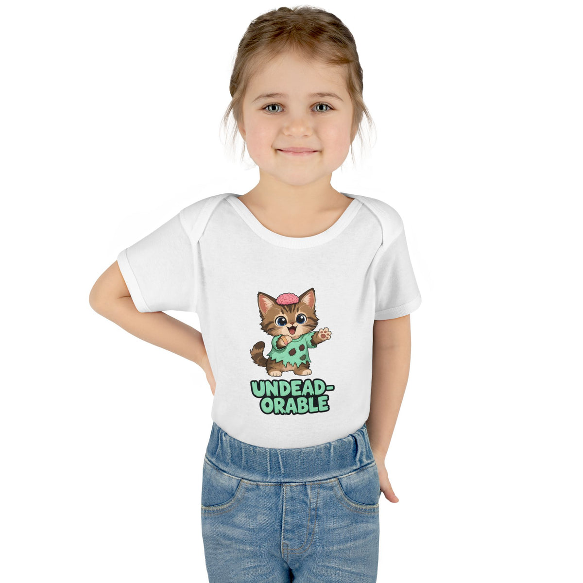 Toddler wearing the Undead-orable Zombie Kitten Baby Halloween Bodysuit in White