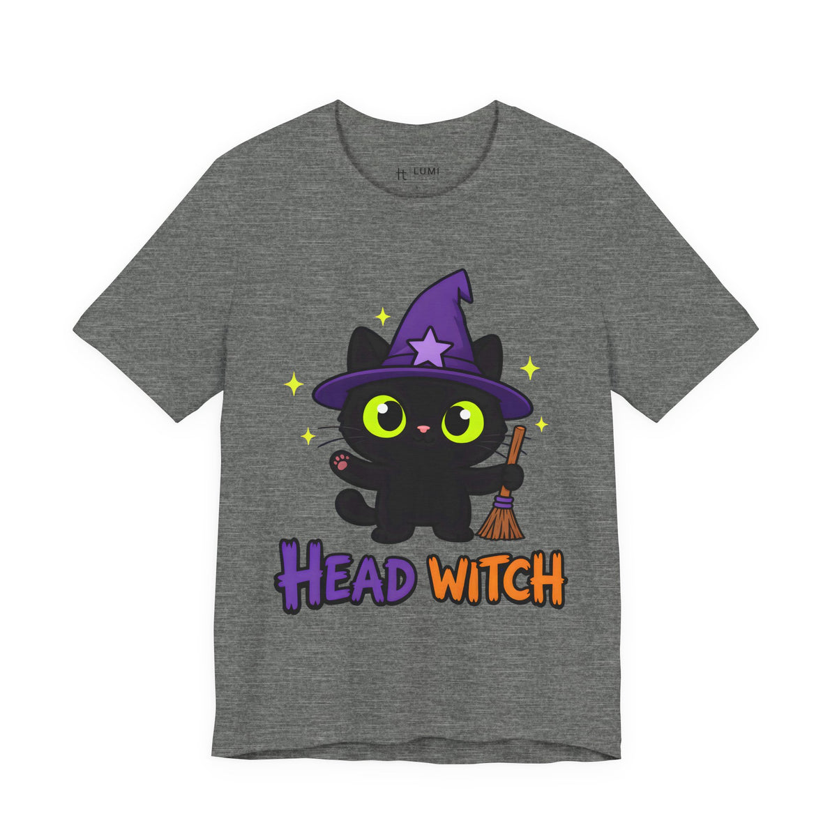 Head Witch Black Cat Halloween T-Shirt for Adults in Deep Heather, front