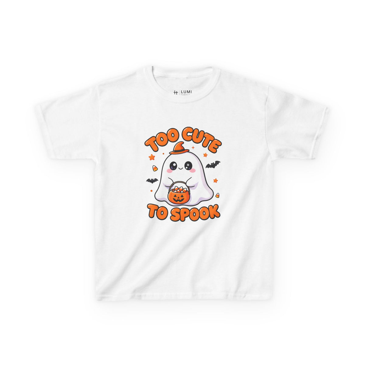 Too Cute to Spook Ghost Kids Halloween T-Shirt in White, front