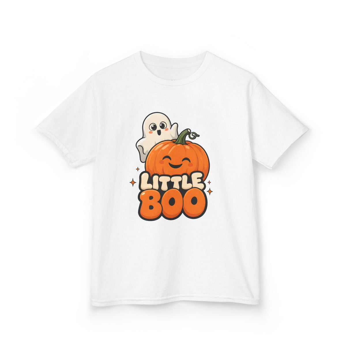 Little Boo Ghost and Pumpkin Kids Halloween T-Shirt in White, front
