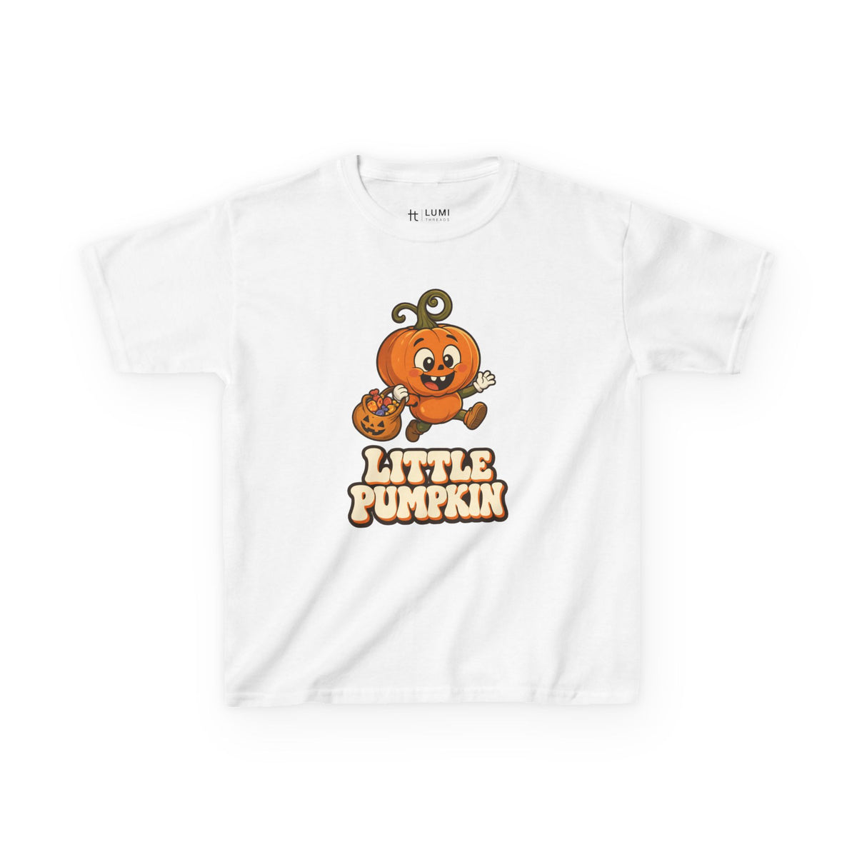 Little Pumpkin Trick-or-Treat Kids Halloween T-Shirt in White, front