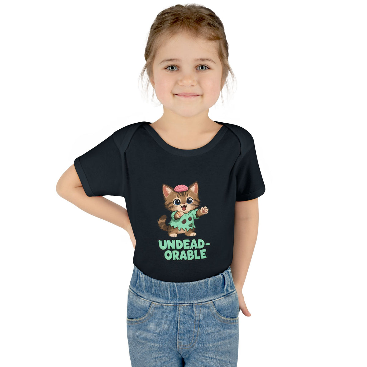 Toddler wearing the Undead-orable Zombie Kitten Baby Halloween Bodysuit in Black