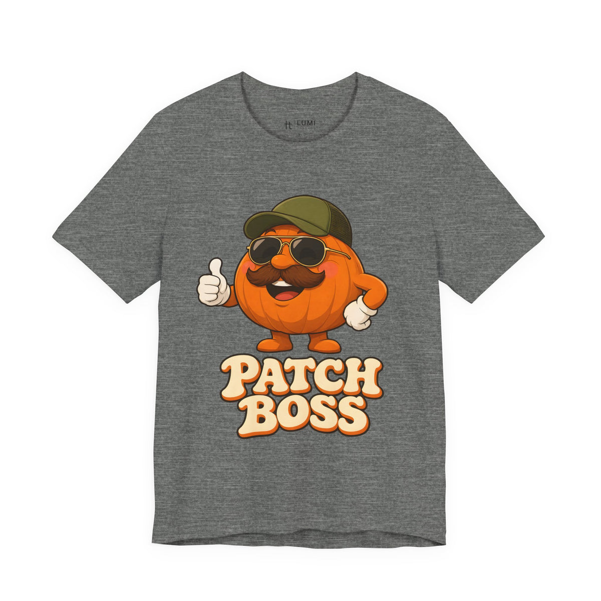 Patch Boss Funny Pumpkin Dad Halloween T-Shirt for Adults in Deep Heather, front