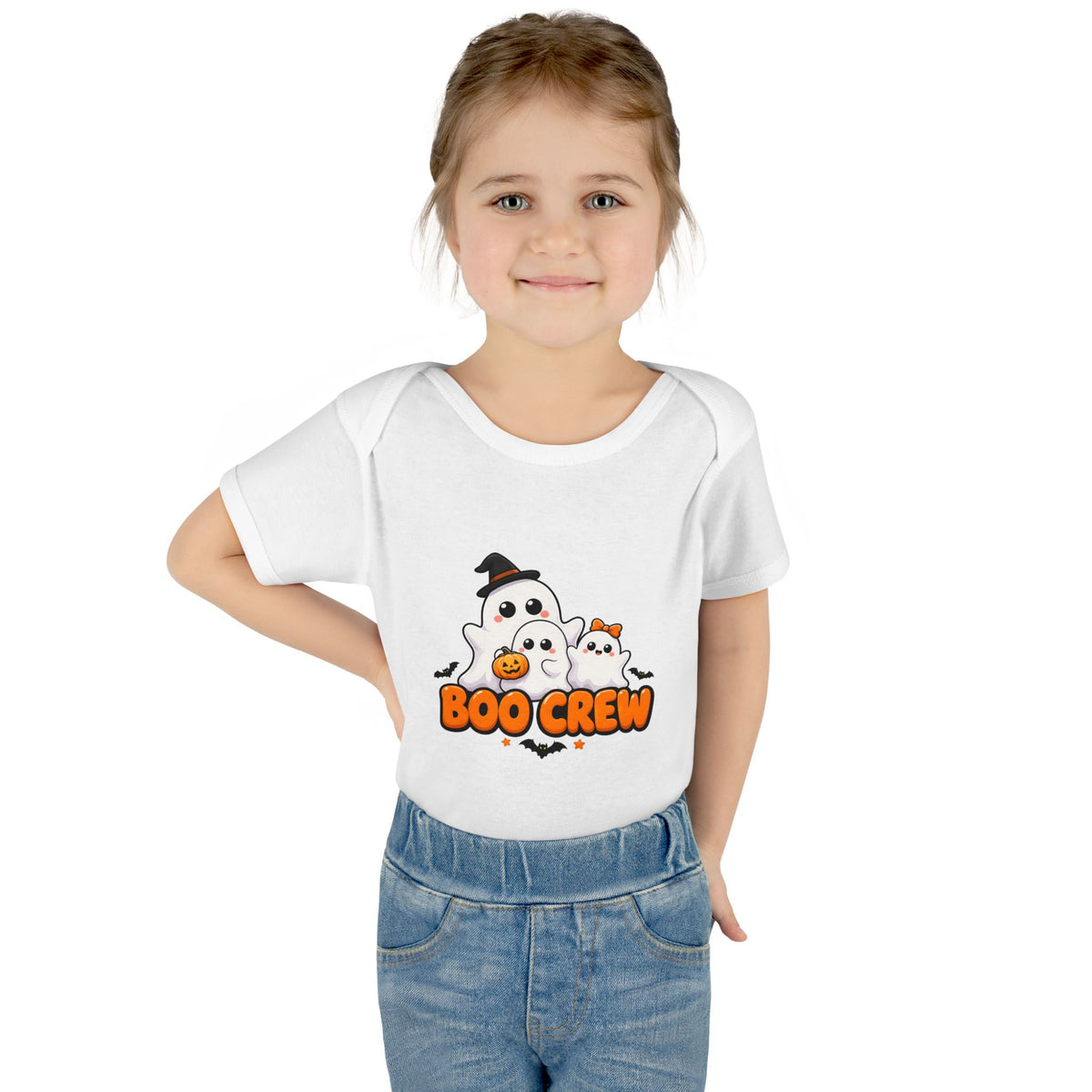 Toddler wearing the Boo Crew Cute Ghost Baby Halloween Bodysuit in White
